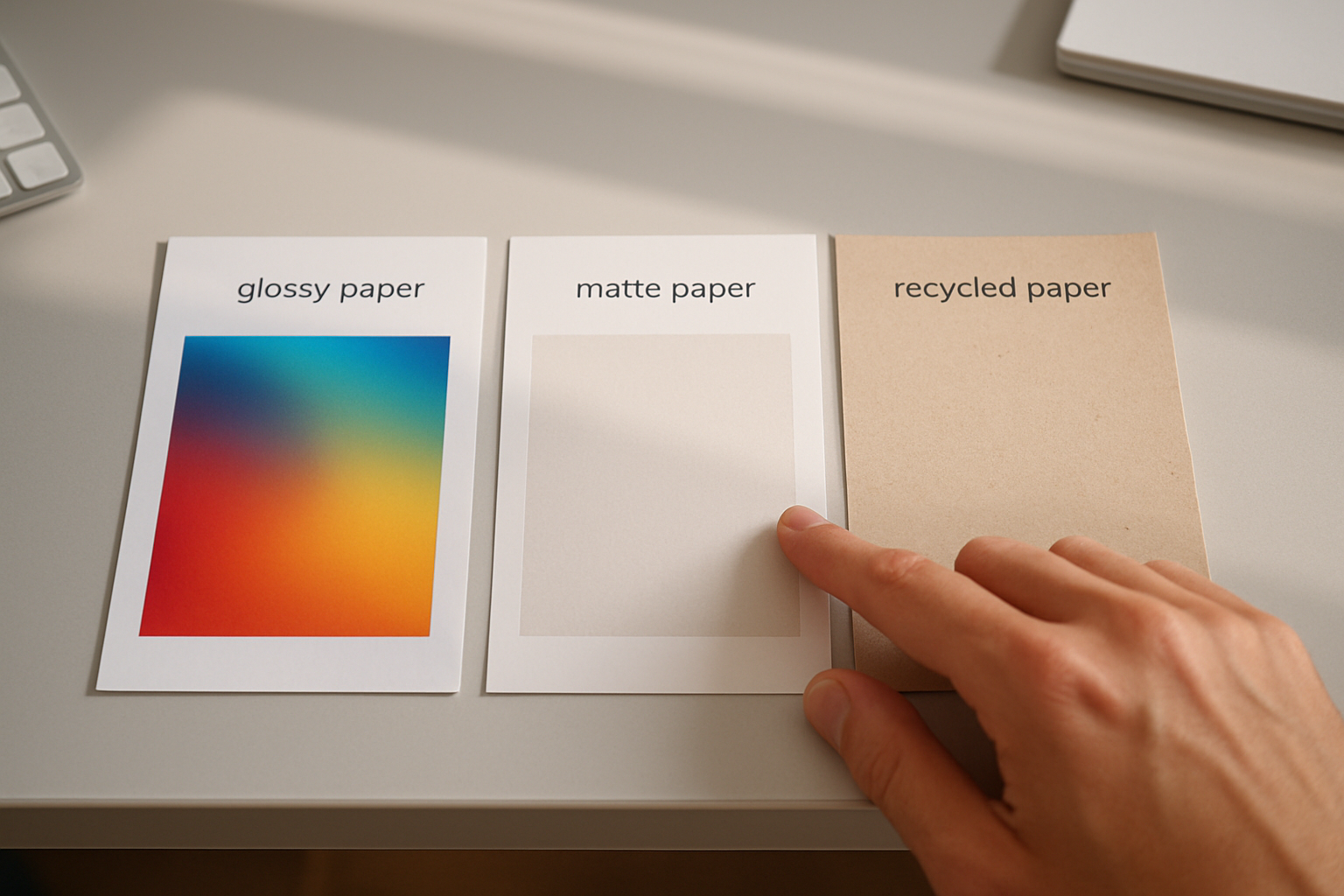 Three types of highquality paper samples arranged sidebyside on a modern desk glossy paper with vibrant colors and light reflection matte paper with a smooth nonreflective finish and soft tones and recycled kraft paper with visible fibers and natural-1