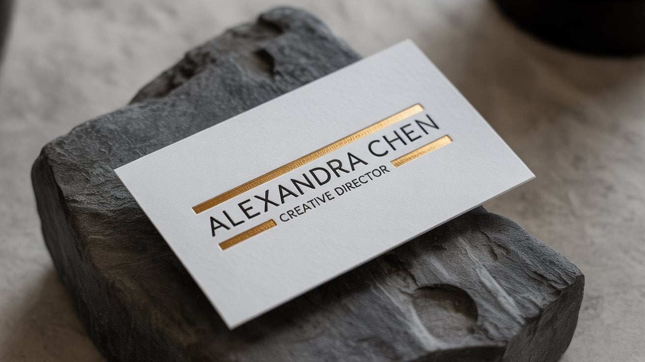 Tarjeta de visita con acabados premium como barniz UV y detalles en dorado, letras en negro  sobre fondo blaro