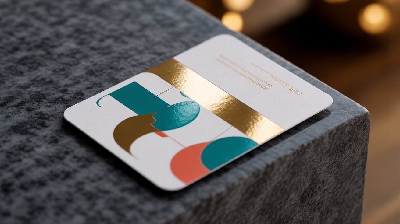 Tarjeta de visita con acabados premium como barniz UV y detalles en dorado, colores mate sobre fondo oscuro