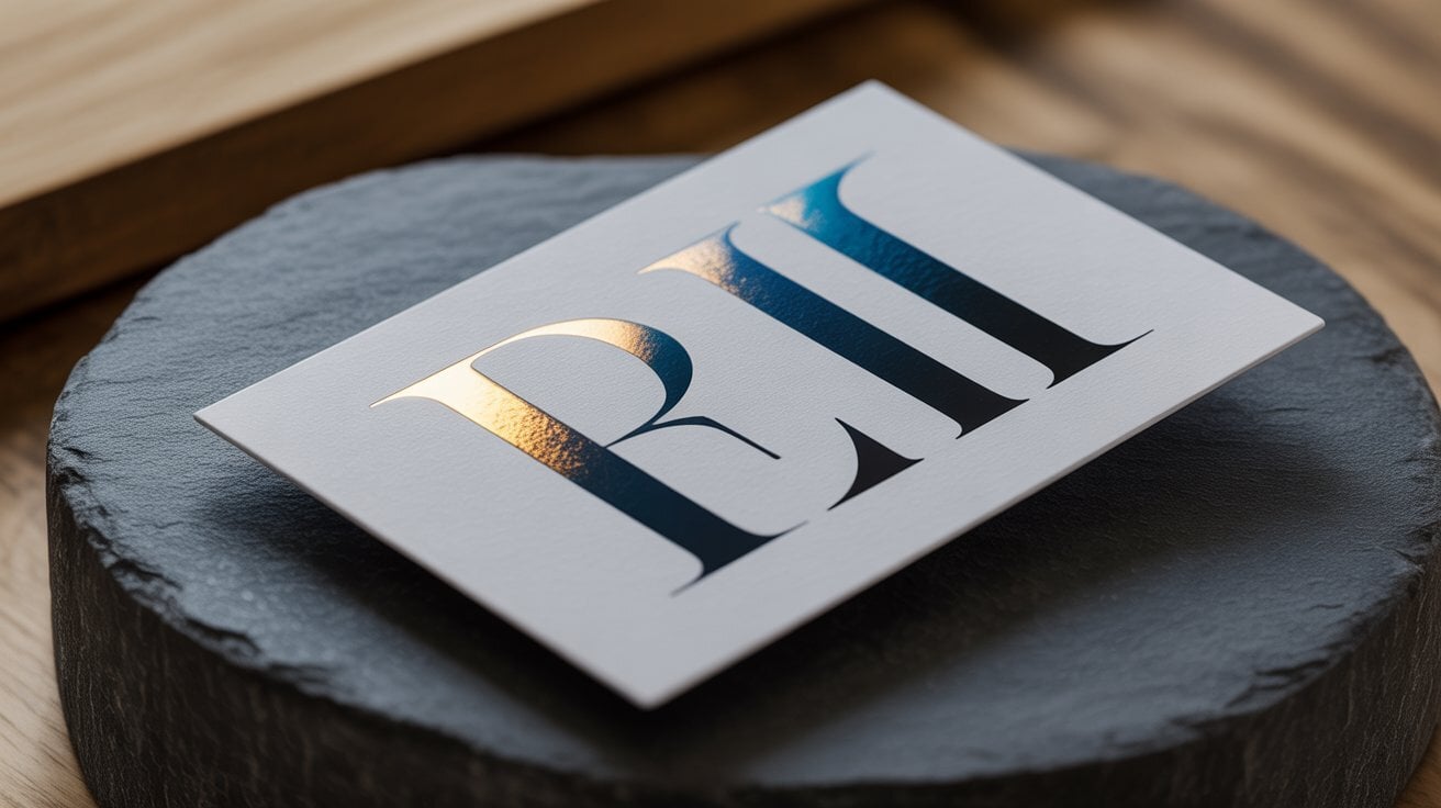 Tarjeta de visita con acabados premium como barniz UV y detalles en dorado sobre fondo blanco